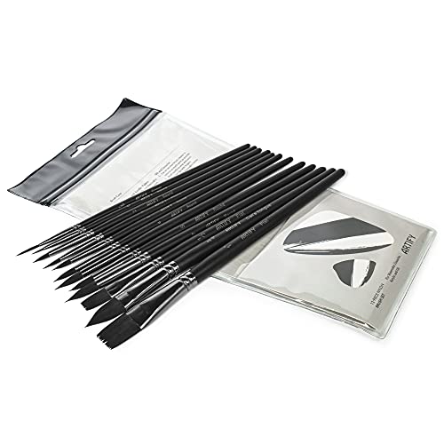 Artify 12 pcs Paint Brush Set - Nylon Painting Brushes for Acrylic, Oil, Watercolor and Gouache Painting for Kid and Adult, Beginner and Professional, with Round, Angle, Flat, Filbet, Fan Shape, Black