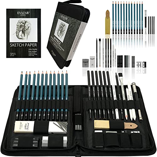 EVAZAR London Sketching and Drawing Art Supplies, Includes Graphite and Charcoal Pencils, Sticks and Accessories; Beautifully Presented in Portable Case with Integrated Stands; 44 Piece