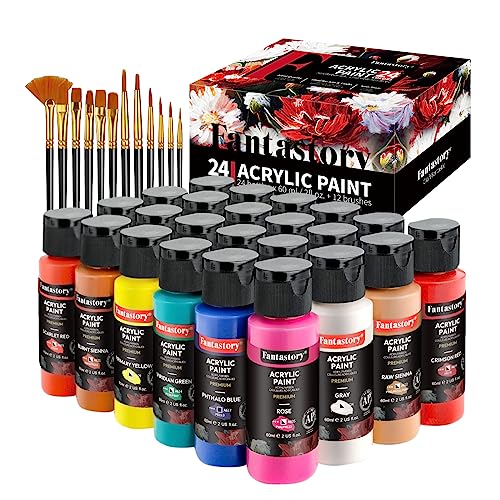 fantastory Acrylic Paint Set 24 Colors (2 oz / 60ml Each), Non Toxic, Non Fading, Waterproof, Acrylic Paint Kit for Artwork & DIY Projects on Canvas, Wood, Glass, Clay, Fabric, Ceramic, Paper, Canvas