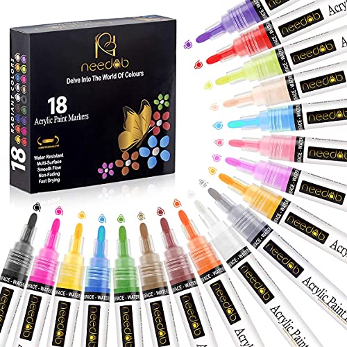 NEEDAB Acrylic Paint Pens-Set of 18 Rock Painting Art Markers – Water-Based Couloring Kit for Glass,Canvas, Ceramic, Porcelain, Wood, Mug, Fabric, and Kids DIY Crafts – Quick Dry Medium Reversible Tip