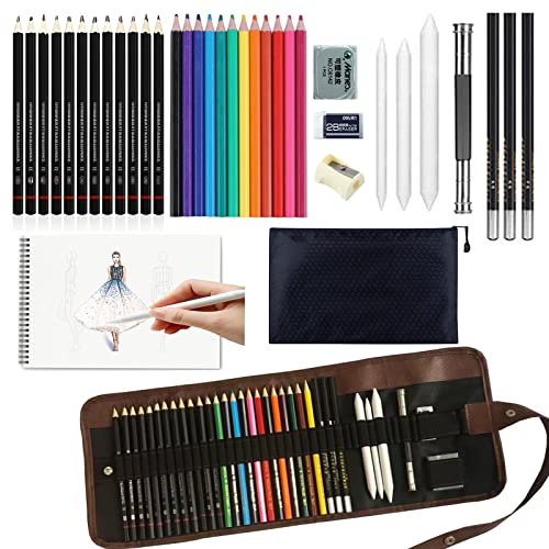 WEAMOLE Sketch Pencil Set, 37pcs Art Supplies with Drawing Pencils, Oil Colored Pencils, Charcoal Pencils,Sketch Book,Canvas Pencil Wrap  for Artists Adults Kids Beginners