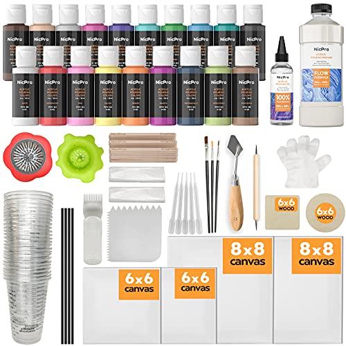 Nicpro Acrylic Pour Kit, Artist Starter Supplies Including 19 Colors Acrylic Paints, Pouring Medium, Silicone Oil, Canvases, Gloves, Strainers, Brushes, Mixing Stick for Flow DIY Painting