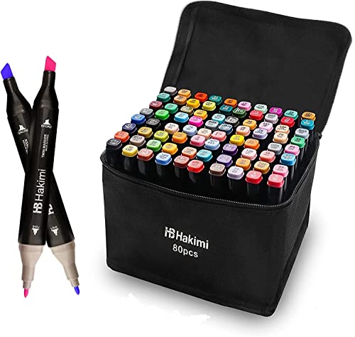 HAKIMI Permanent Art Markers Set, 80 Colors Art Pens Dual Tip for Drawing Coloring Highlighting Adult Colouring Books With Supporting Tray and Caring Bag