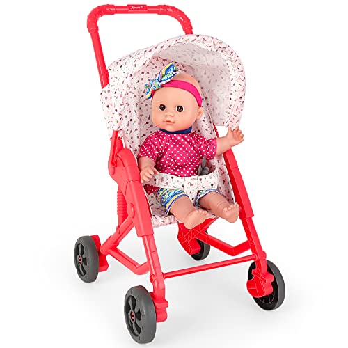 deAO Baby Doll Stroller Set Pushchair Doll Playset with Soft Smooth 13 Inch New-born Realistic Baby Doll Nursery Role Play Set Great Nurturing Pretend Toy for 3+ Girls