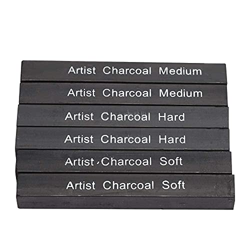 Artist Charcoal Sticks, 6Pcs Black Square Compressed Charcoal Rods Sketch Drawing Pencil Craft Tool for Sketching Drawing Shading(2 Soft 2 Medium 2 Hard)