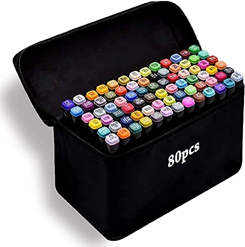 Amazing Tour Graphic Marker Pens, 80 Colors Drawing Art Markers Artist Dual Tips Permanent for Kids Colouring Books Adults with Black Bag