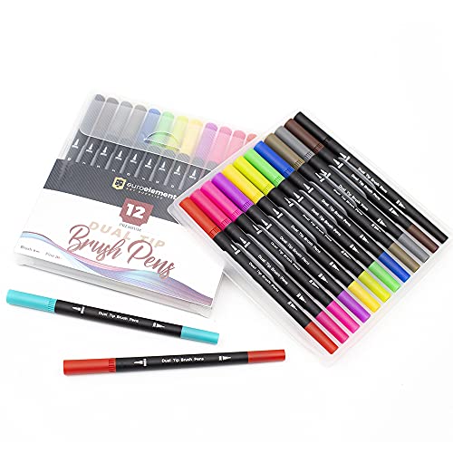 EuroElement Dual Tip Brush Pens Art Supplies Colouring Pens Set of 12/24/48 coloured Pens, Felt Tip Pens- Art Pens for kids and Adult Colouring Books- Fine Tip for Drawing, Brush Tips for Calligraphy