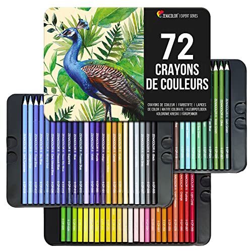 Zenacolor 72 Colouring Pencils with Metal Box 72 Unique Coloured Pencils and Pre Sharpened Crayons for Colouring Book - Easy Access with 3 Trays