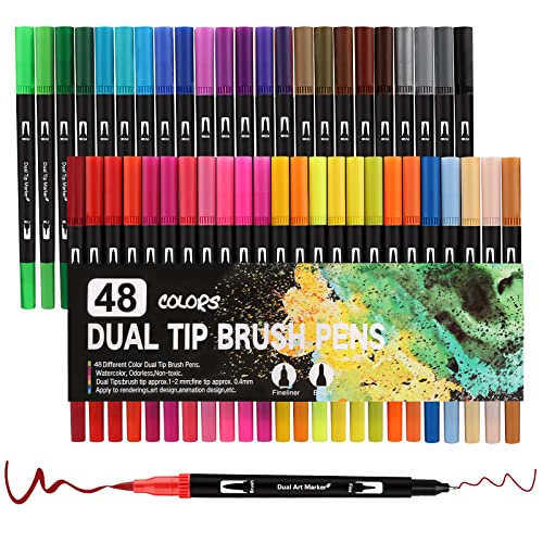 Funnasting Dual Tip Brush Pens, Colouring Pens 48 Colors Dual Brush Pens Art Markers with Flexible Nylon Brush Tip & Fineliner Tip for Colouring/Drawing/Sketching/Painting