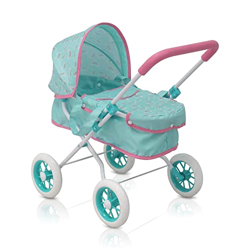 KOOKAMUNGA KIDS Baby Doll Stroller - Realistic 2 in 1 Baby Stroller for Dolls w/ Detachable Bassinet - Doll Pram w/ Carry Cot, Retractable Canopy & Soft Grip Handle - Dolls up to 18" - Blue Rainbow