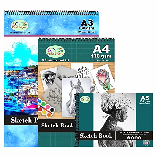 Set of A3, A4, A5 Sketch Pads Spiral Book 130 GSM Cartridge Paper Drawing Pads Art Book for Artist School Home Activity Acid-Free, White