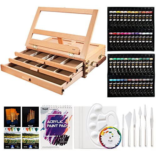 Kuyal Acrylic Painting Set- Adjustable Tabletop Easel, 48×22ML Acrylic Paints, Nylon Brushes, Plastic Palette Knife/Palette, Sketched Canvas, Canvas Pad, Acrylic Paint Pad (Tabletop Easel Set)