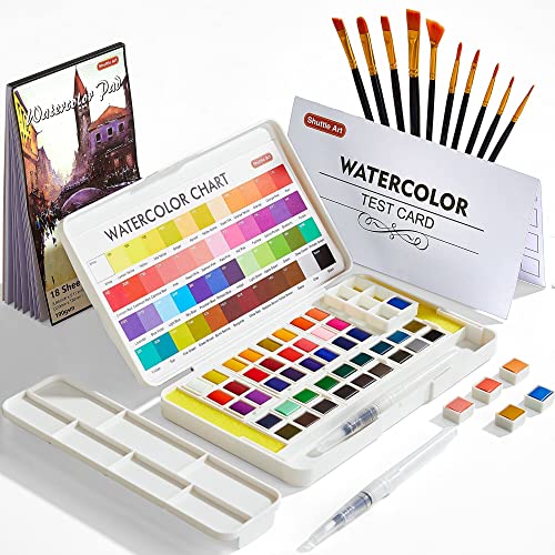 Shuttle Art Watercolour Paint Set, 48 colours Watercolour Paint in Half Pan, 2 Water Brush Pens, 10 Brushes, 1 Pad, 1 Palette, 2 colour Charts, Watercolour Kit for Kids, Adults, Artists