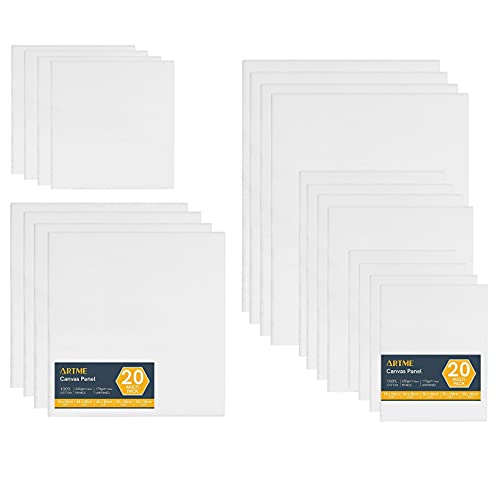 ARTME 20pcs Canvas Panels (15x20-4pk, 24x30-4pk, 30x40-4pk, 20x20-4pk, 30x30-4pk) 3mm Blank Artist Canvas Board / 280GSM/ 100% Cotton/Triple Primed/Acid Free/Medium Grain- Acrylic & Oil Painting