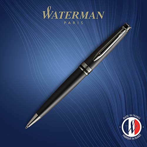 Waterman Expert Ballpoint Pen | Metallic Black Lacquer with Ruthenium Trim | Medium Point | Blue Ink | With Gift Box