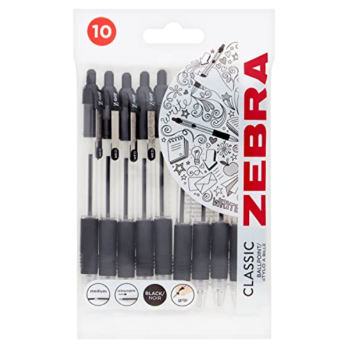 ZEBRA Pen Z Grip Black Pens Ballpoint, Smooth & Funky ZEBRA Pens With Pocket Clip- 10pk,packaging may vary