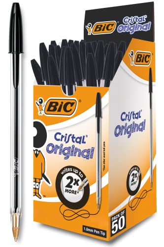 BIC Cristal Original Smudge Free Ballpoint Pens, Ideal for School, Black, Medium Point (1.0mm), Pack of 50