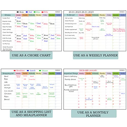 POPRUN Magnetic Weekly Family Planner Whiteboard for Fridge, Chore Chart for Kids and Family, Chores Checklist Board, Dry Wipe Clean Weekly Planning Board for Menu, Memo, to Do List Board, 43 x 28 CM