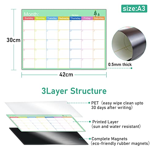 Skaaisont Monthly Planner, Reusable A3 Magnetic Fridge Calendar Whiteboard with 2 Dry Erase Markers, Reminder Notice Board for Adults and Children