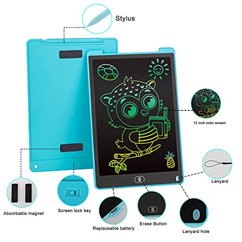 KidsPark LCD Writing Tablet Kids Doodle Scribbler Pad, 12 Inch Colorful Light Drawing Board Learning Educational Toy Portable Handwriting Drawing Pad for Kids Boys Girls Adults, Blue