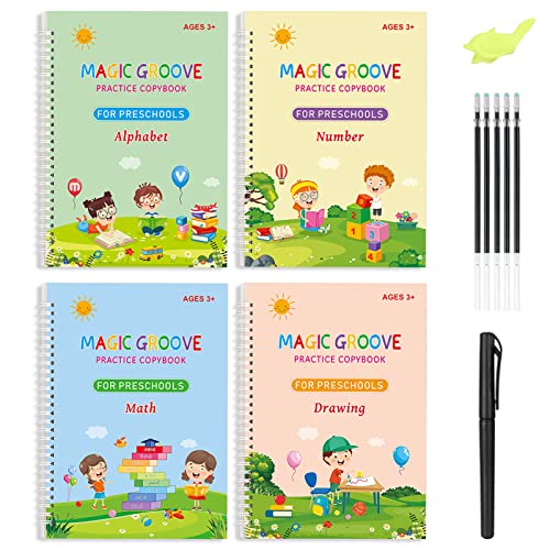 Magic Practice Copybook for Kids, 4 Pack Groove Calligraphy for Children Set with Handwriting Pens for Beginners, Reusable Children Workbook for Drawing, Math, Numbers, English Alphabet, 19x13cm