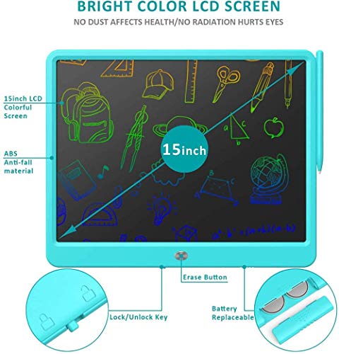 LCD Writing Tablet, Extra large 15 Inch, Colorful, Erasable Electronic Digital Drawing Pad Doodle Board, Gift for Kids Adults Home School Office (Blue)