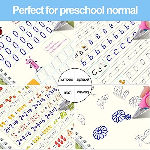 Magic Practice Copybook for Kids, 4 Pack Groove Calligraphy for Children Set with Handwriting Pens for Beginners, Reusable Children Workbook for Drawing, Math, Numbers, English Alphabet, 19x13cm