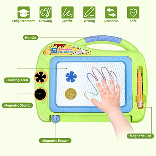 Magnetic Doodle Board with Enclosed Back Panel for Toddlers,Durable Travel Size Magnetic Drawing Writing Tablet-Erasable Mini Sketching Pad with 2 Stamps for Kids Childrens Birthday Gifts-Green