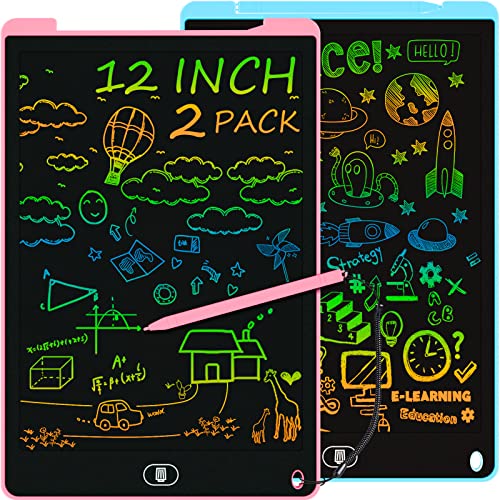 Electight 2 Pack 12 Inch LCD Writing Tablet, Colorful Doodle Scribbler Pad with Lock & Delete Function, Writing Board for Kids Age 2-9 Year Old Girls Boys, Learning Gift & Educational Toys - Blue&Pink