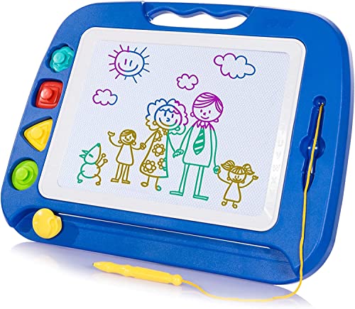 SGILE Large Magnetic Drawing Board - 4 Colors 42×33cm Doodle Pad with 4 Stamps for Toddlers, Learning Toy Gift Magnet Doodle Board Etch Sketch Toys for 36+ Month Kids Girls Boys, Blue