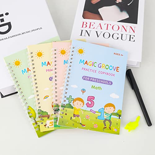 Magic Practice Copybook for Kids, 4 Pack Groove Calligraphy for Children Set with Handwriting Pens for Beginners, Reusable Children Workbook for Drawing, Math, Numbers, English Alphabet, 19x13cm