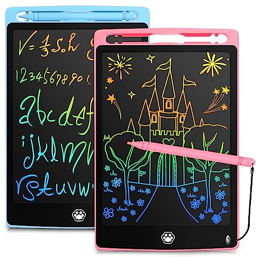 2 Pack LCD Writing Board with 8.5 Inch Colourful Screen, Writing Board for Children, Doodle Pad with Lockable Erase Button, Educational Toy for Toddlers, Boys and Girls, Blue + Pink