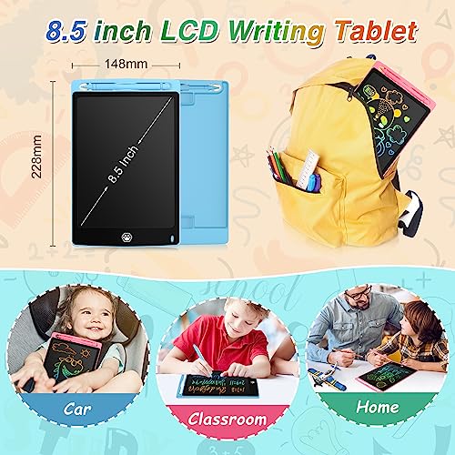 2 Pack LCD Writing Board with 8.5 Inch Colourful Screen, Writing Board for Children, Doodle Pad with Lockable Erase Button, Educational Toy for Toddlers, Boys and Girls, Blue + Pink