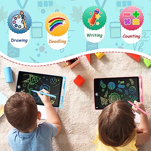 2 Pack LCD Writing Board with 8.5 Inch Colourful Screen, Writing Board for Children, Doodle Pad with Lockable Erase Button, Educational Toy for Toddlers, Boys and Girls, Blue + Pink