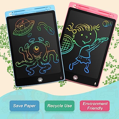 2 Pack LCD Writing Board with 8.5 Inch Colourful Screen, Writing Board for Children, Doodle Pad with Lockable Erase Button, Educational Toy for Toddlers, Boys and Girls, Blue + Pink