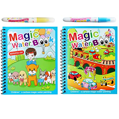 2 PCS Magic Water Colouring Book, LONTOM Children Reusable Drawing Book with Pen, Early Education Doodle Painting Toys for Kids Children Boys Girls Ages 2 3 4 Years Educational Learning Gifts