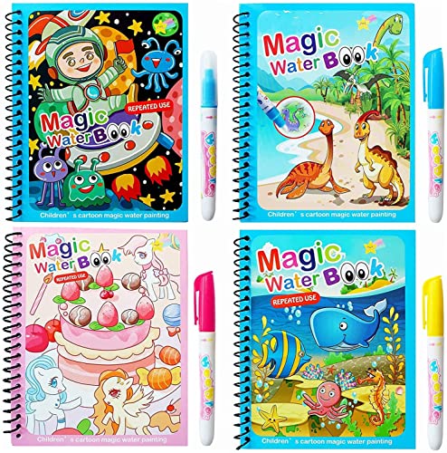 Magic Water Colouring Book, LONTOM 4pcs Children Reusable Drawing Book with Pen, Early Education Doodle Painting Toys for Kids Boys Girls Ages 2 3 4 Years Plus Educational Learning Gifts