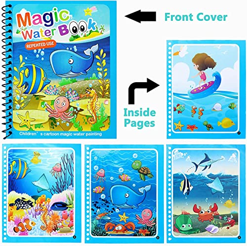 Magic Water Colouring Book, LONTOM 4pcs Children Reusable Drawing Book with Pen, Early Education Doodle Painting Toys for Kids Boys Girls Ages 2 3 4 Years Plus Educational Learning Gifts