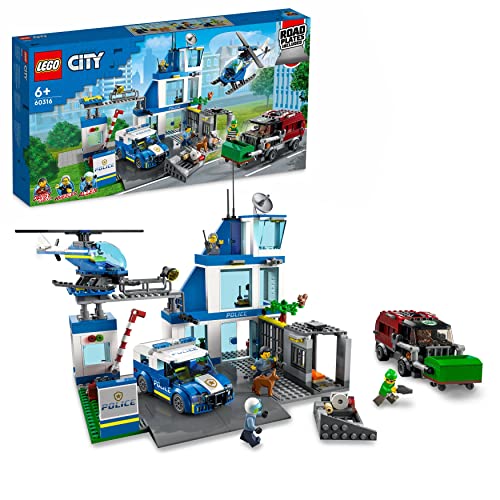 LEGO 60316 Building Set, City Police Station with Van, Garbage Truck and Helicopter Toys, Gifts for 6 Plus Year Old Kids, Boys and Girls with 5 Minifigures and Dog Toy, Multicolour