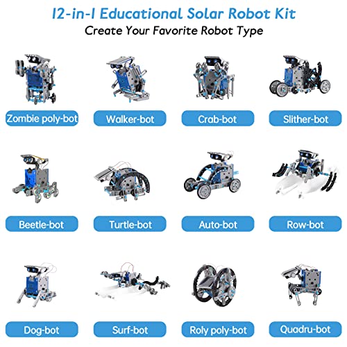 ACELIFE STEM Solar Robot Toy 12-in-1 Educational Science Kit DIY Building Toy Construction Engineering Set for Kids Age 8-12 Boys & Girls Birthday, Solar Powered Toy-Blue