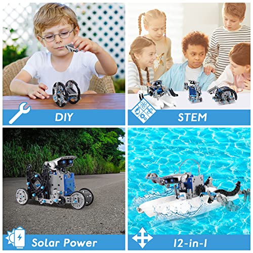 ACELIFE STEM Solar Robot Toy 12-in-1 Educational Science Kit DIY Building Toy Construction Engineering Set for Kids Age 8-12 Boys & Girls Birthday, Solar Powered Toy-Blue