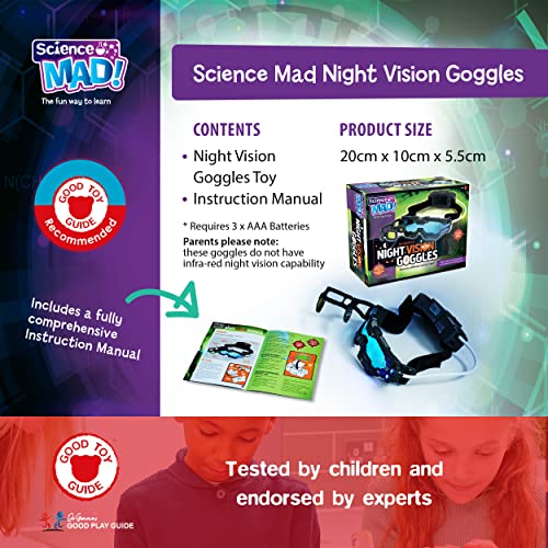 Science MAD! Night Vision Goggles For Kids - For Fun Night Missions - Lightweight, Flip Out Scope, 2x Magnification, Twin LED Beams, Blue Lenses, 6+ Years, ‎20 x 10 x 5.5 cm (SM55) , Black