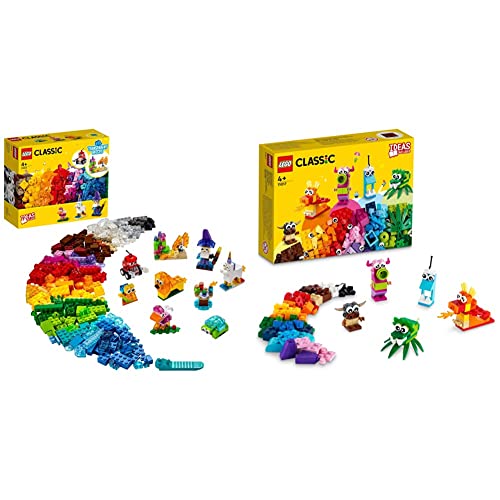 LEGO 11013 Classic Creative Transparent Bricks Building Set with Animals including Lion & 11017 Classic Creative Monsters, 5 Mini Build Monster Toys, Bricks Box Building Set for Kids 4 Plus Years Old