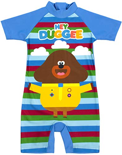 Hey Duggee Swimsuit for Boys | Kids Cbeebies Sun Safe Swimming Costume | Blue Striped All in One Bathing Suit for Swimming Lessons, Beach & Pool Days