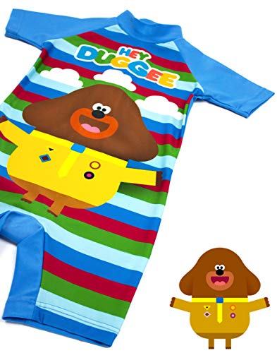 Hey Duggee Swimsuit for Boys | Kids Cbeebies Sun Safe Swimming Costume | Blue Striped All in One Bathing Suit for Swimming Lessons, Beach & Pool Days