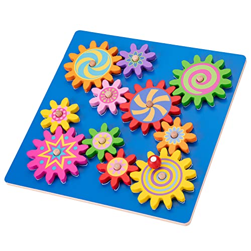 New Classic Toys 10525 Spinning Gear Puzzle Educational Wooden Toys for 2 Year Old Boy and Girl Toddlers Gift, Multi Color, Cow, Blue, De Luxe