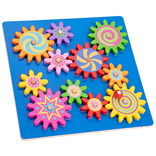 New Classic Toys 10525 Spinning Gear Puzzle Educational Wooden Toys for 2 Year Old Boy and Girl Toddlers Gift, Multi Color, Cow, Blue, De Luxe
