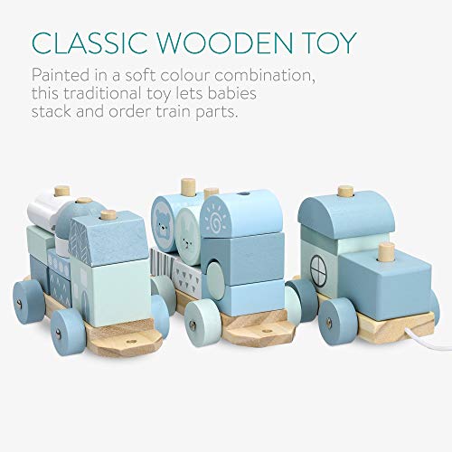 Navaris Wooden Toy Stacking Train - Pull-Along Building Block 20-Piece Train Set Made from Solid Wood - For 18M+ Toddlers, Kids, Boys, Girls - Blue