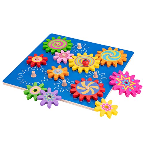 New Classic Toys 10525 Spinning Gear Puzzle Educational Wooden Toys for 2 Year Old Boy and Girl Toddlers Gift, Multi Color, Cow, Blue, De Luxe