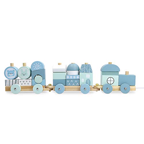Navaris Wooden Toy Stacking Train - Pull-Along Building Block 20-Piece Train Set Made from Solid Wood - For 18M+ Toddlers, Kids, Boys, Girls - Blue
